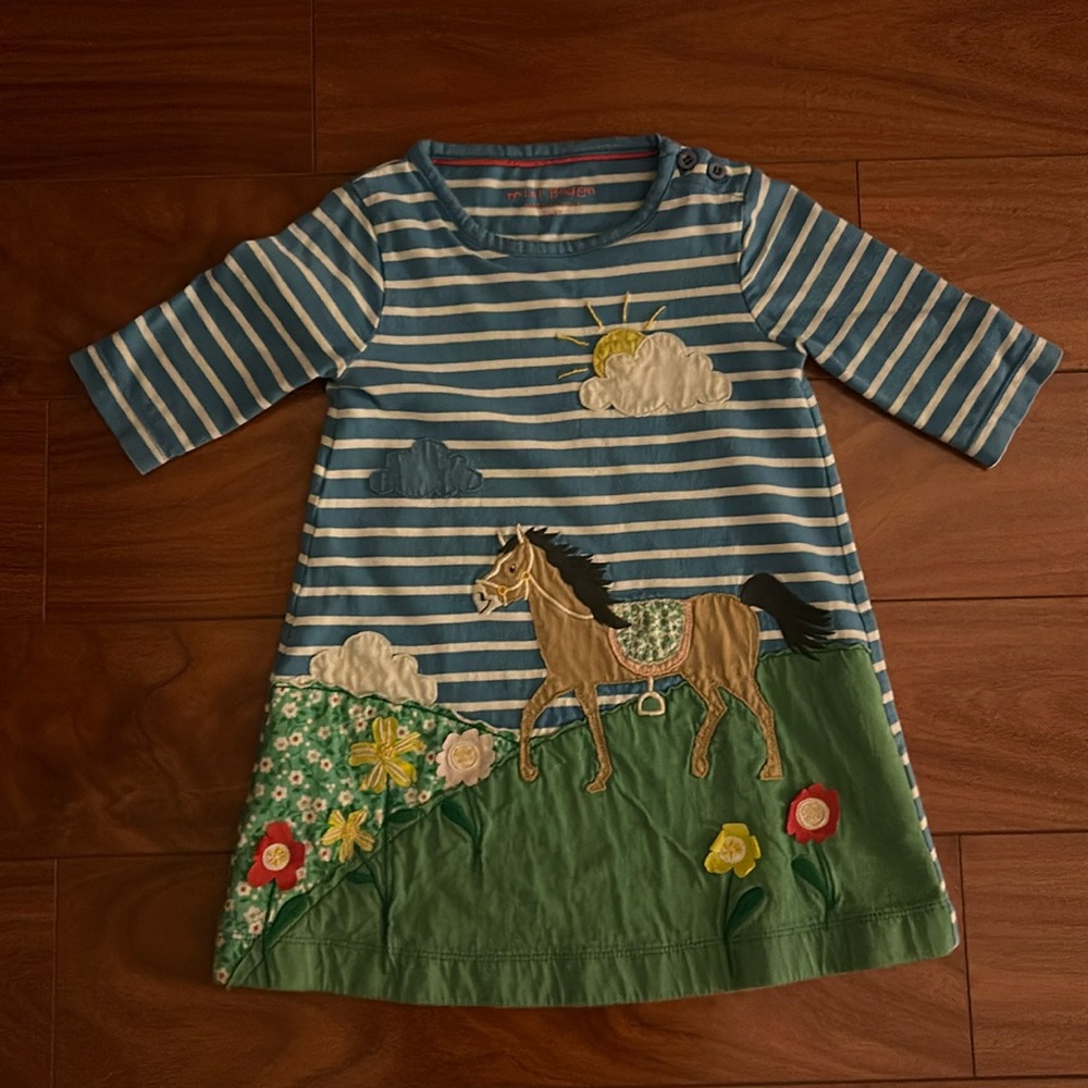 Mini Boden Dress, size 2-3. Blue and white stripes with horse  & flowers